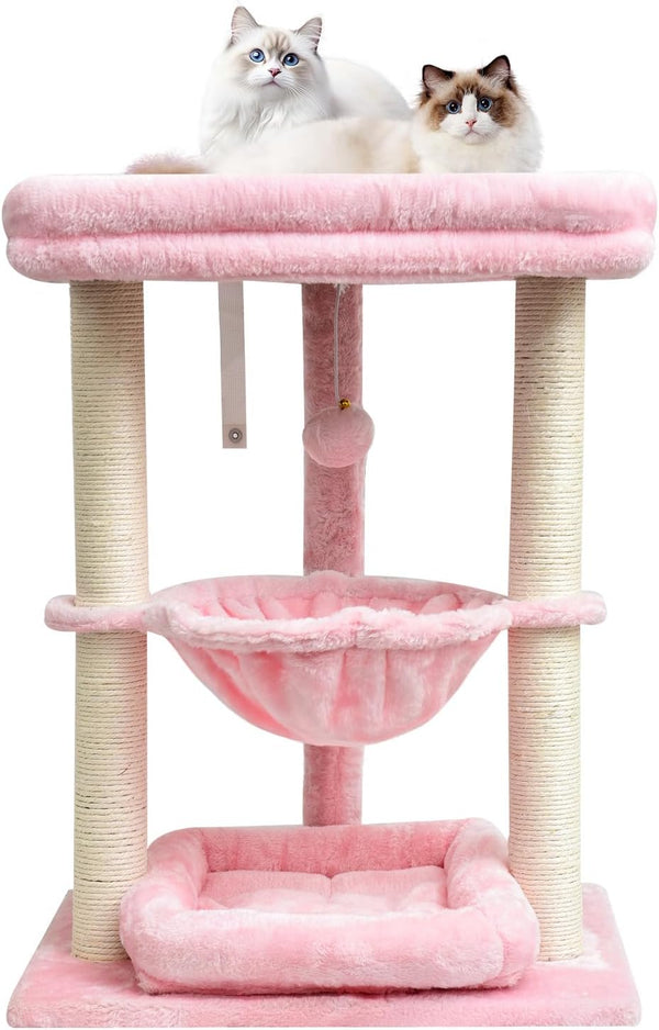SYANDLVY Leopard Print Small Cat Tree with Top Perch, Hammock & Bottom Bed | 3 Level, Natural Sisal Scratching Post Tower with Hanging Bell Ball and Anti-Tip Strap, Stable Indoor Cat Furniture9