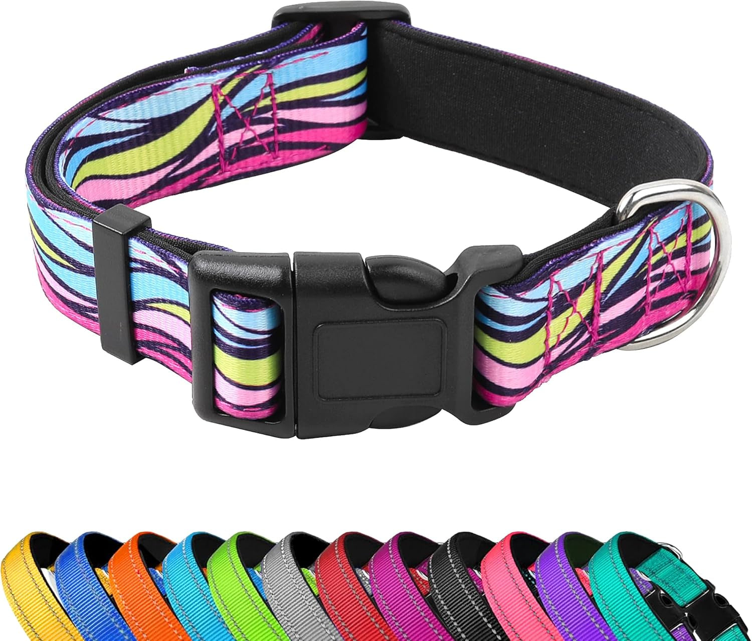 reflective-dog-collar-adjustable-soft-neoprene-padded-teal-m-breathable-nylon-for-medium-dogs-tear-resistant-webbing-chafe-free-on-walks-and-hikes-metal-d-ring-night-safety