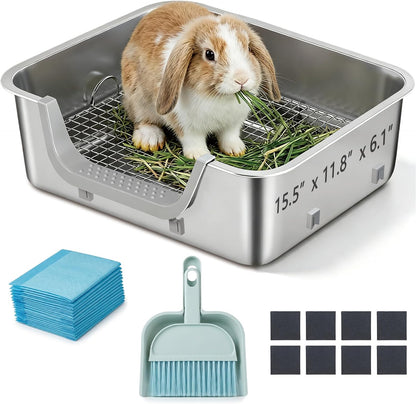 Stainless Steel Sifting Litter Box for Rabbit, Bunny, 16.9×13.4 In(L×W) | Raised Border, Split Double-Layer, Metal Grate, Easy Clean, Extra-Large Space for Guinea Pig, Ferret8