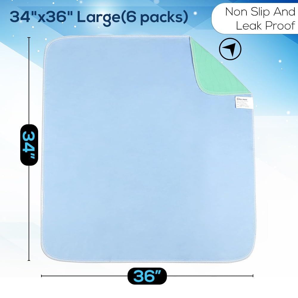 simpli-magic-washable-underpads-34x36-pack-of-6-heavy-absorbency-reusable-bedwetting-incontinence-pads-for-kids-adults-elderly-and-pets-waterproof-protective-pad-for-bed-couch-sofa-floor