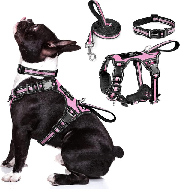 WINSEE Pet Harness Collar and Leash Set, All-In-One Reflective Dog Harness No Pull with Adjustable Buckles for Puppies, Small, Medium, Large, and Extra-Large Dogs (Large, Pink)10