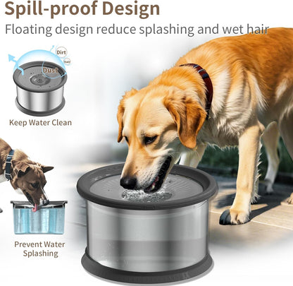 6.5L Dog Water Bowl No Spill 1.6 Gallon Stainless Steel Water Bowl for Dogs 220Oz Large Capacity No Splash Slow Drinking Feeder with Anti-Slip Mat for Messy Drinkers 6.5L+2 Filters3