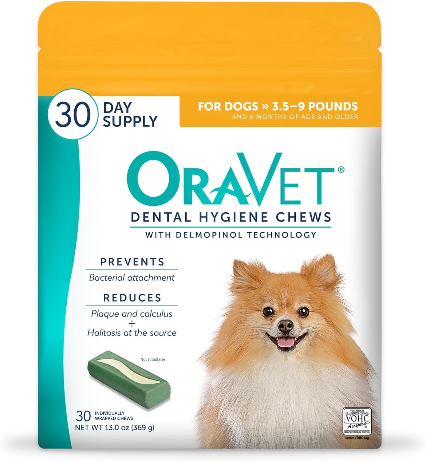 oravet-dental-chews-for-dogs-oral-care-and-hygiene-chews-extra-small-dogs-3-5-9-lbs-yellow-pouch-30-count-vohc-accepted-dual-action-chew-reduces-plaque-tartar-freshens-breath-barrier-vet-recommended-yellow-30-pack