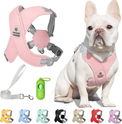 Patas Lague Dog Harness with Leash Set Adjustable Soft Padded Step-In Dog Vest No Choke No Pull Reflective for Small Medium Pets with Poop Bags and Dispenser, Solid and No-Chew, Pink M1