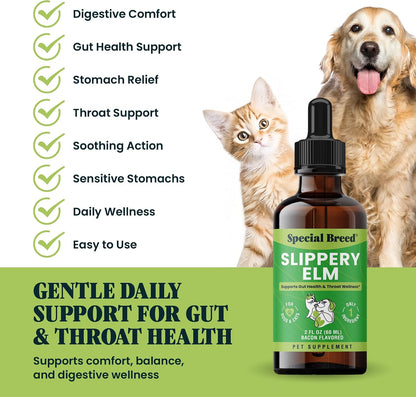 Slippery Elm for Dogs and Cats - Soothing Digestive Relief and Gut Support - Stomach Comfort and Throat Support - Herbal Drops for Pets - Easy to Use - Bacon Flavored - 2 Fl Oz2