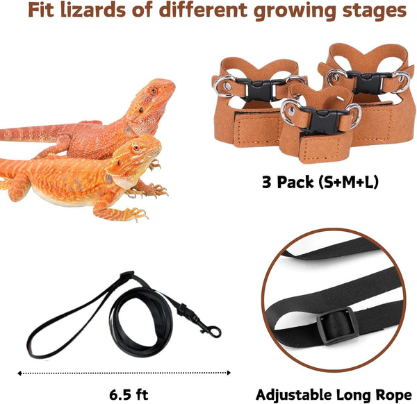 3 Pack Bearded Dragon Harness and Leash Set - Adjustable Soft Leather Lizard Harness Leash Small Animal Traction Rope Training Walking Vest Accessories for Reptile Squirrel Rat (Brown)3