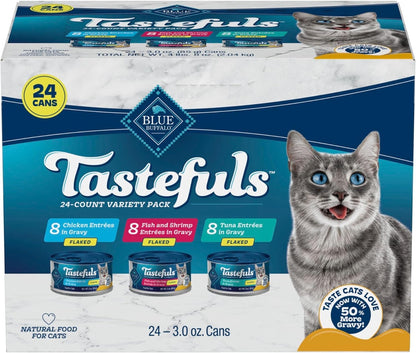 Blue Buffalo Tastefuls Flaked Adult Wet Cat Food Variety Pack (Tuna, Chicken, Fish & Shrimp), Natural Ingredients Enhanced with Vitamins, Minerals & Other Nutrients, 3-Oz. Each (12 Cans)28