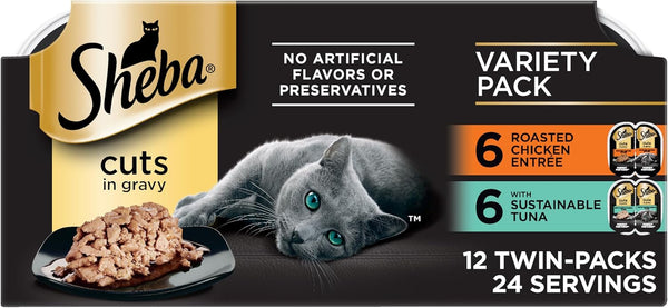 Sheba Perfect Portions Cuts Wet Cat Food, Multipack, 2.6 Oz, 24 Ct | Grain-Free, Chicken, Salmon & Turkey Flavors, Protein-Rich, No Corn or Soy, Essential Vitamins & Minerals, Twin-Pack Trays11