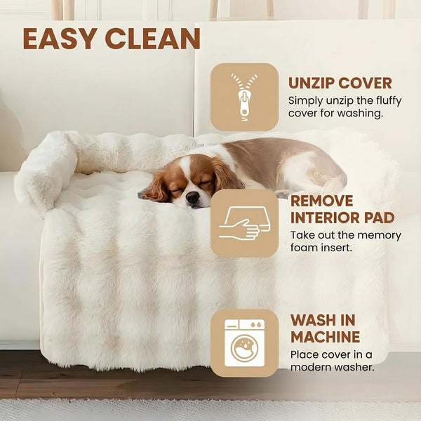 Calming Dog Bed for Couch, 29.5 X 29.5 Inch, Dog Sofa Mat, Machine Washable | 3-Sided Bolster, Faux Rabbit Fur Plush, Non Slip Bottom, Water Resistant Furniture Protector for Small Medium Dogs & Cats4