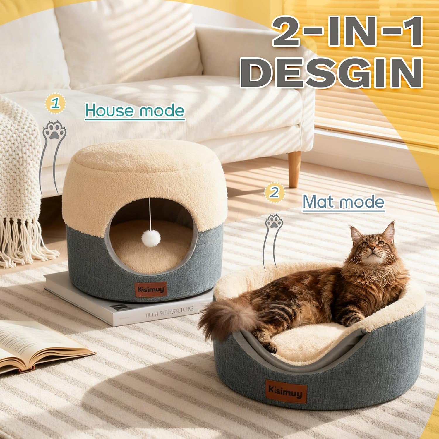 2-in-1-foldable-cat-bed-for-indoor-cats-cat-cave-sofa-bed-15-7d-x-13h-reversible-plush-linen-cushion-enclosed-cat-bed-hanging-cat-toys-non-slip-small-cat-house-grey