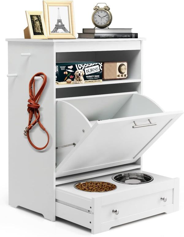 Dog Food Cabinet Feeding Station with 2 Raised Bowls, Pull Out Elevated Dog Bowl, Storage, 3 Hangers, Pet Feeder Toy Leashes Organizer, Brown9