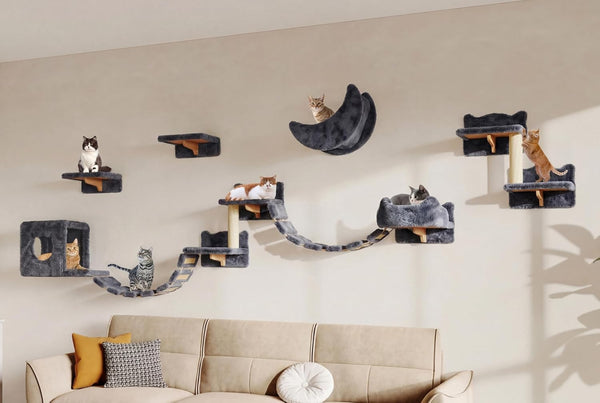 9-In-1 Cat Wall Shelves, Cat Wall Furniture Set with Bridge, Beige | Wall Mounted Cats Shelf for Space-Saving, Multi-Level Cat Climbing Systems for 16 Inch Drywall, with Scratching Posts, Condos22