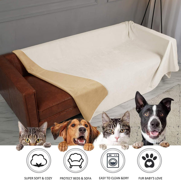 Ameritex Pet Bed Blanket Reversible 100% Waterproof Velvet Super Soft for Sofa and Bed (82X102 Inches, Cream+Sand)4