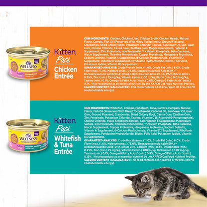 Wellness Complete Health Pate Variety Pack Kitten Canned Wet Cat Food, Natural, Protein Rich, Grain Free, Whitefish and Chicken Recipes, 3 Oz, Pack of 12 Cans8