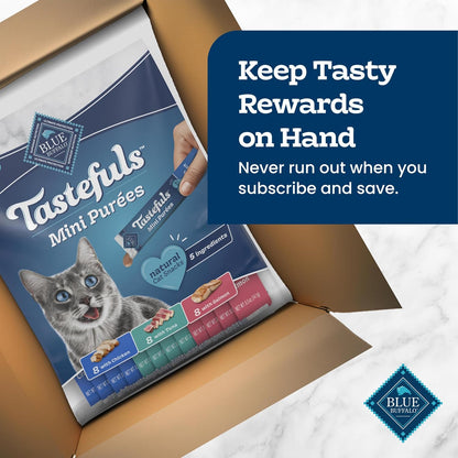 Blue Buffalo Tastefuls Mini Purées Natural Cat Treats, Chicken, Tuna, Salmon Variety Pack, 0.5 Oz. Single Servings, 24-Count10