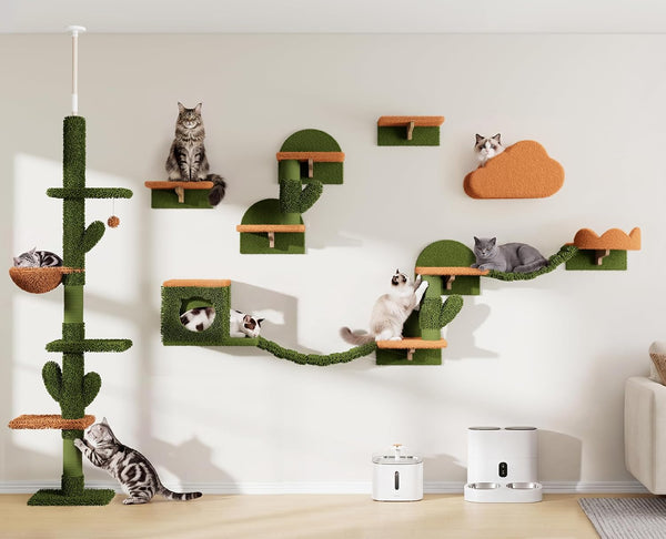 9-In-1 Cat Wall Shelves, Cat Wall Furniture Set with Bridge, Beige | Wall Mounted Cats Shelf for Space-Saving, Multi-Level Cat Climbing Systems for 16 Inch Drywall, with Scratching Posts, Condos19