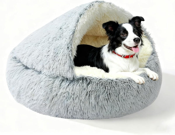 Calming Dog Bed Fluffy Plush Pet Bed under 35 Pound，Large Cave Bed Washable Non-Slip Cat Nest Pod Windproof，Cozy Indoor Cave for Kitten Dog Non-Slip Bottom (L-31.5In)1