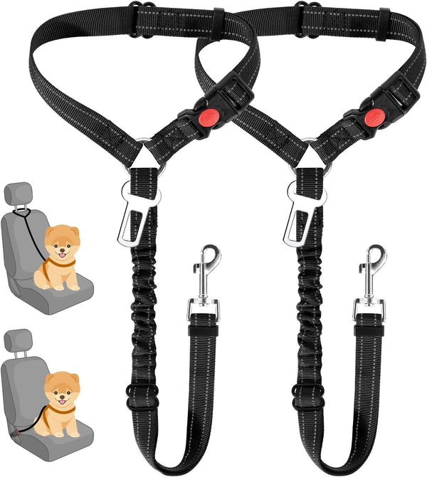 Slowton Dog Seat Belt for Car, 2 Pack Dog Car Harness Seatbelt Adjustable with Elastic Bungee Buffer, 2 in 1 Pet Car Leash Headrest Restraint Dog Reflective Safety Tether (Black, Headrest+Clip)19
