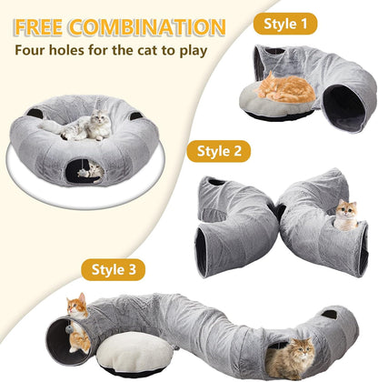 WINDRACING Cat Tunnel Bed for Indoor Cats - Cute Cat Donut Tunnel with Washable Circle Cushion, round Pet Play Toy for Kitten/Puppy/Rabbit, Grey4