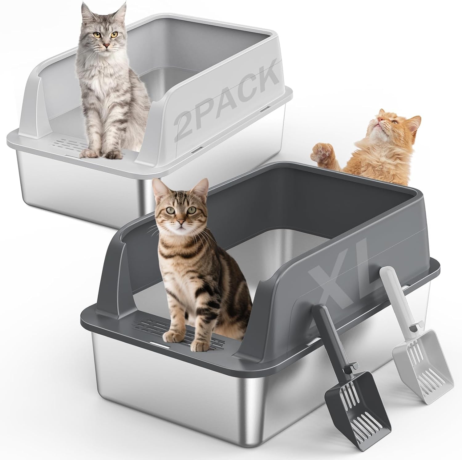 2pack-stainless-steel-litter-box-extra-large-litter-boxes-for-big-cats-xl-metal-cat-litter-box-with-lid-high-sides-anti-urine-leakage-non-sticky-scoop-included
