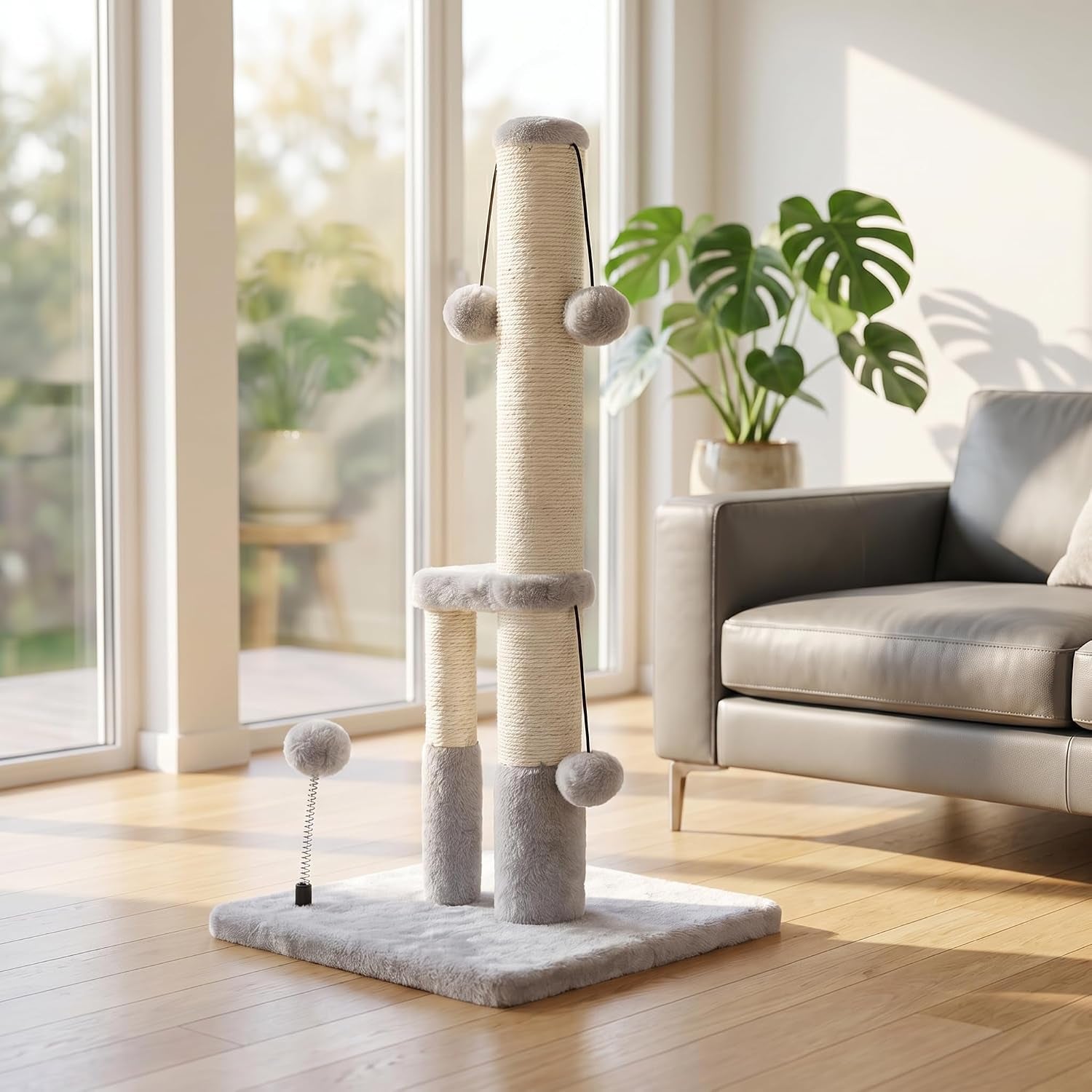 dimaka-tall-cat-scratching-post-double-lower-posts-extra-stable-cat-post-tree-scratcher-with-sisal-rope-and-teasing-4-balls-total-large-base-grey