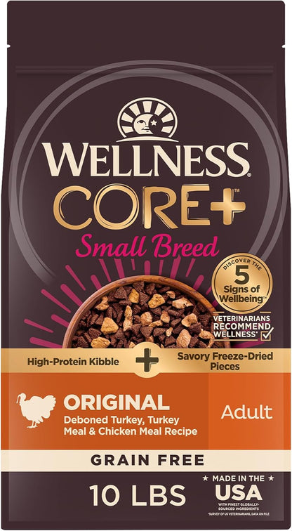 Wellness CORE+ Small Breed Adult Dry Dog Food with Freeze Dried Pieces, Grain Free Kibble+, Natural, High Protein, Turkey and Chicken Recipe, 4 Lb Bag10