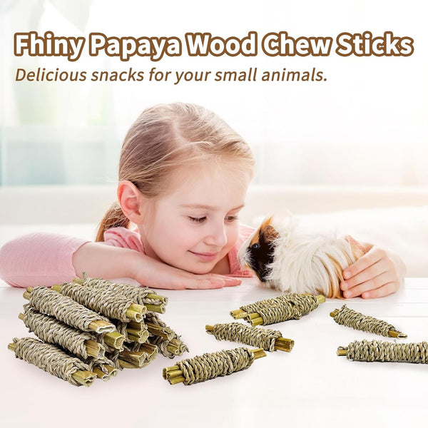 Fhiny 12 PCS Rabbit Chew Sticks, Natural Papaya Wood Seagrass Guinea Pig Chew Toys for Teeth Small Animal Molar Sticks Snacks for Bunny Guinea Pig Chinchilla Ferret Hamster Gerbil Dental Care4