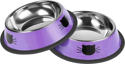 Serentive 2 Pcs Non-Slip Stainless Steel Small Cat Food Bowls - Unbreakable, Thicken 7 Oz Cat Dishes - Indoor, Removable Rubber Base, Easily Clean, Lovely Color16