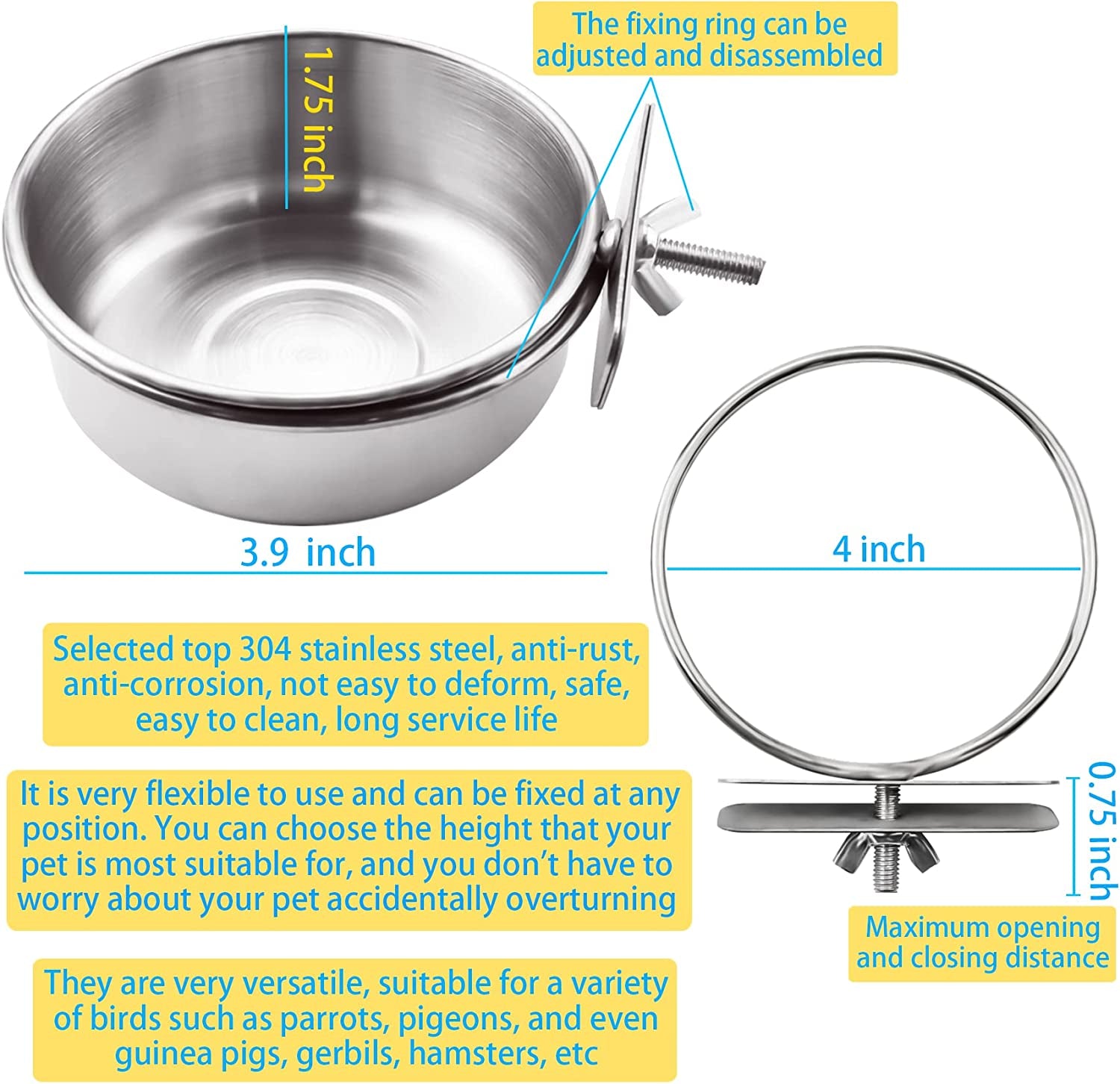 3-pack-bird-feeding-bowls-cups-parrot-food-water-dishes-stainless-steel-bird-bowl-cup-dish-with-clamp-birdcage-feeder-pet-cage-bowls-for-cockatiel-budgie-conure-macaw-parakeet-small-animal