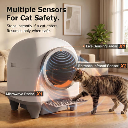 WARCAT Enclosed Self-Cleaning Litter Box – APP Control, 90L, Gray | 90L Large Capacity for Multi-Cat Homes. App-Controlled with Smart Sensors. Anti-Leakage & Safety Protection. Bags Included.4