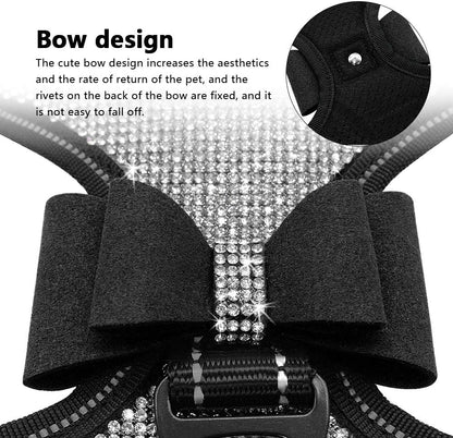 Beirui Rhinestone Dog Harness with Sparkly Bow Tie, Black,S,Chest 11-14" | Reflective Bling Nylon, Soft Fleece Padded, for Small Large Dogs Walking Party Wedding2