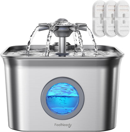 Stainless Steel Cat Water Fountain, 2.8L with 20Db Ultra-Quiet Pump- Ideal for Timid Pets, LED Water Level Window, Dishwasher Safe, 24/7 Circulation- Includes 3 Replacement Filters1