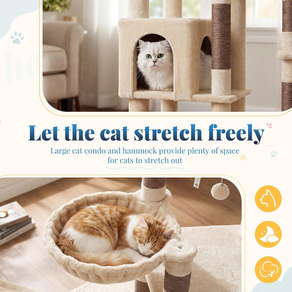 Hey-Brother Cat Tree Tower, Wide Base, 5 Platforms for Multi-Cats, MPJ074MJ | 72.8 Inches Tall Furniture, 5 Plush Beds, Large Condo, Big Hammocks, Sisal Scratching Posts, for Indoor Adult Cat Beige Brown6
