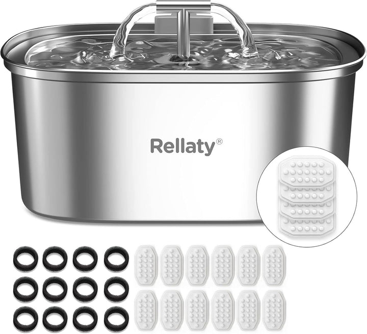 Cat Water Fountain Stainless Steel: 3.2L/108Oz Pet Fountain with 24 Replacement Filters （ 12 Sponge Filters + 12 Carbon Filters ）
