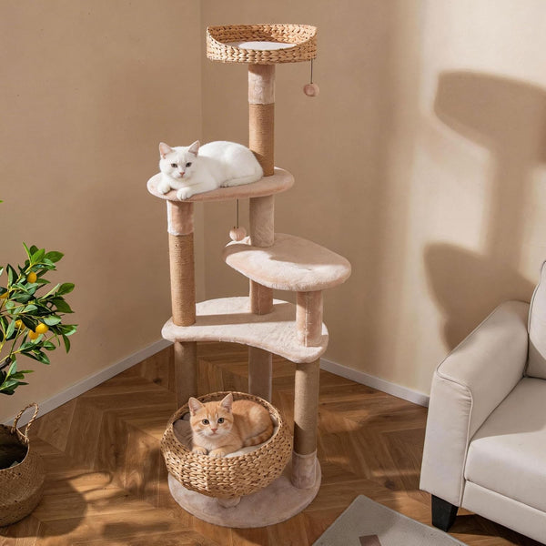 PETSITE 65-Inch Cattail Cat Tree Tower, Multi-Level Cat Tower with Natural Jute Scratching Posts, Cat Bed, Top Perch, Dangling Balls and Jumping Platforms, Modern Tall Cat Tree for Indoor Cats3