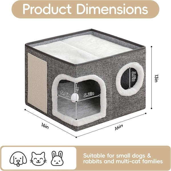 Cat Beds for Indoor Cats,Large Cat Cave House with Scratch Pad and Fluffy Ball,Foldable Cat Condo Hideaway, Modern Kitten Bed, Grey4