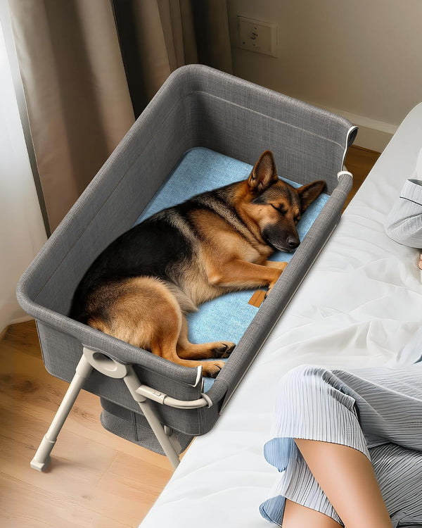 Bedside Dog Bed,6-Height Adjustable Pet Bassinet for Medium & Large Dogs | Pet Couch with Sides,Elevated Bed Extension for Humans,Removable & Washable Cover,Dog Couch with Wheels, 30"X21"8