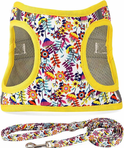 Step in Dog Harness Leash Set- All Weather Reflective No-Pull Floral Pattern Padded Mesh Vest Harness for Cats Puppy Extra-Small Small Medium Large Dogs - Pink Flower - S13