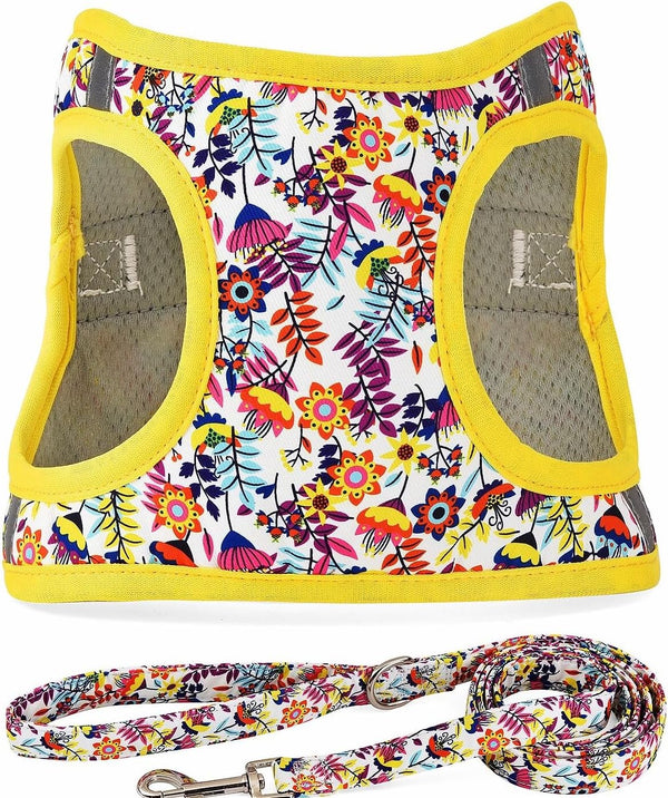 Step in Dog Harness Leash Set- All Weather Reflective No-Pull Floral Pattern Padded Mesh Vest Harness for Cats Puppy Extra-Small Small Medium Large Dogs - Pink Flower - S13