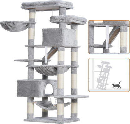 Heybly Cat Tree, 71-Inch-Tall Tower for Indoor Cats with 2 Perches HCT034W | Large Cat Furniture with 2 Big Condos, 2 Hammocks, Basket, Scratching Pad, Multi-Level Cat Condo, Light Gray6