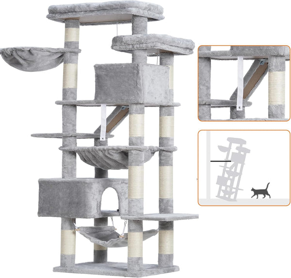 Heybly Cat Tree, 71-Inch-Tall Tower for Indoor Cats with 2 Perches HCT034W | Large Cat Furniture with 2 Big Condos, 2 Hammocks, Basket, Scratching Pad, Multi-Level Cat Condo, Light Gray6