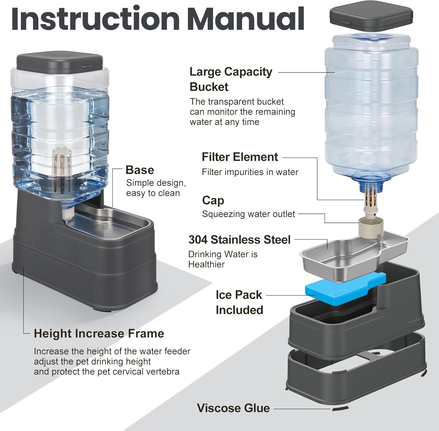 automatic-dog-water-dispenser-gravity-stainless-steel-water-feeder-cat-waterer-feeder-with-wide-mouth-bowl-for-small-medium-dog-puppy-kitten-filter-ice-pack-included-2-2gallon-gray