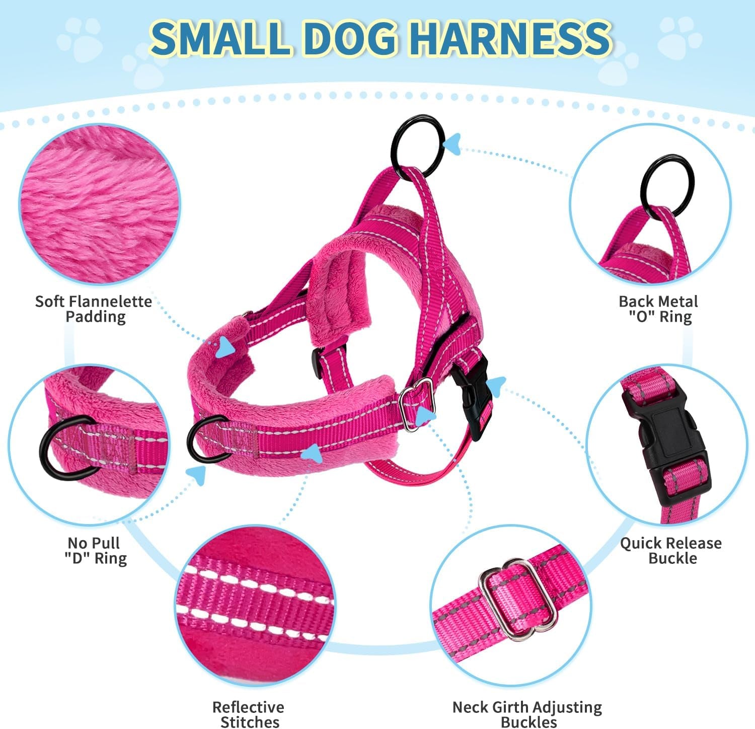 slowton-no-pull-small-dog-harness-and-leash-set-puppy-soft-vest-harness-neck-chest-adjustable-reflective-lightweight-harness-anti-twist-pet-lead-combo-for-small-medium-dogs-fuchsia-xxs