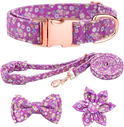 Dog Collar and Leash Set Girls Adjustable Puppy Collars with Floral Bow Tie for Small Medium Large Female Dogs, Orange Flower, S13