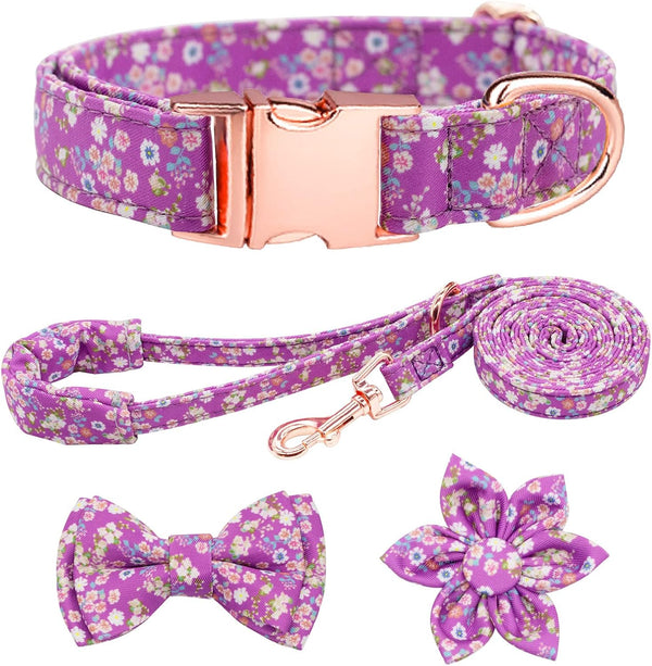 Dog Collar and Leash Set Girls Adjustable Puppy Collars with Floral Bow Tie for Small Medium Large Female Dogs, Orange Flower, S13