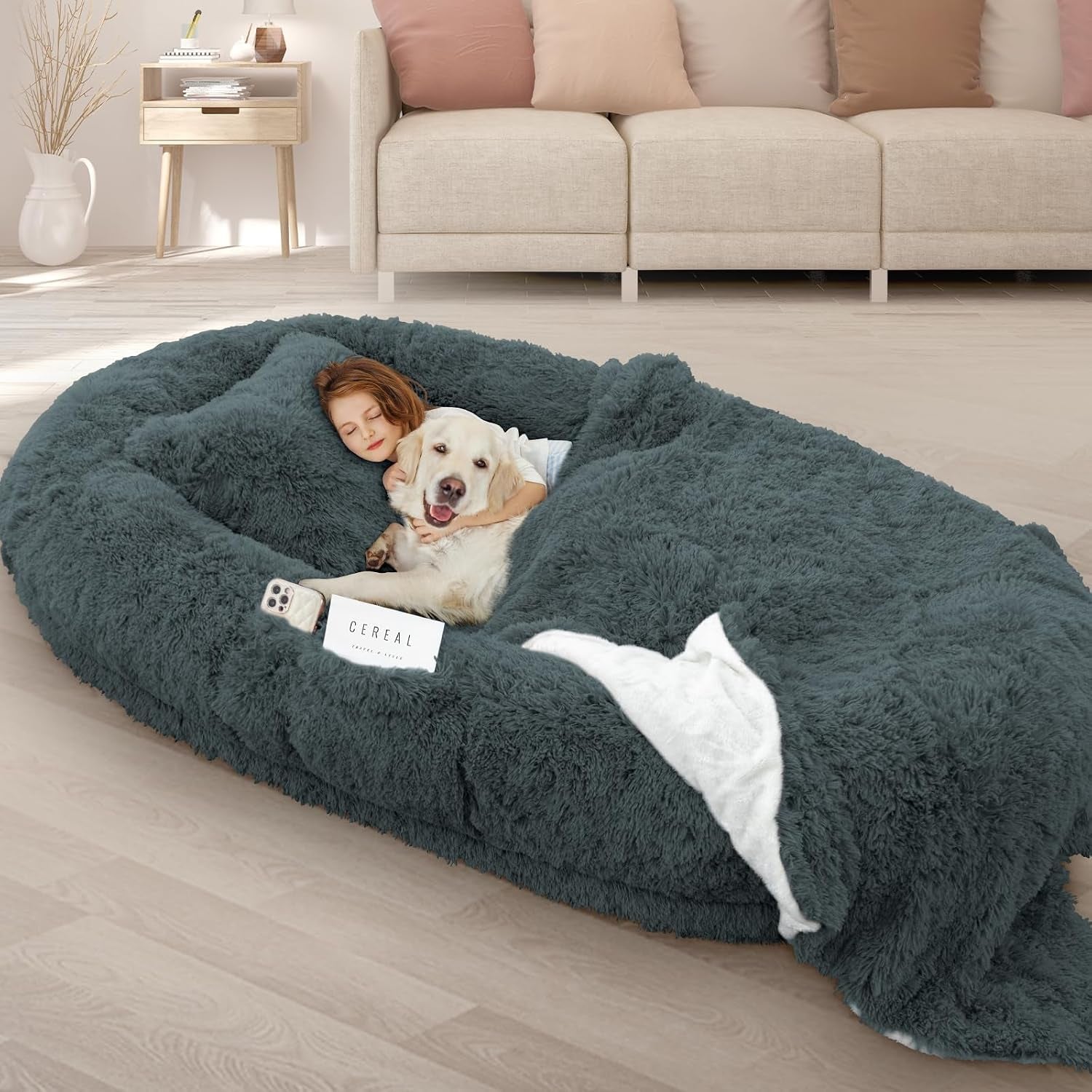 roomtec-human-dog-bed-71x45x12-size-fits-adult-and-pet-washable-giant-people-bed-10-cm-thick-memory-foam-large-oversize-pet-bed-with-plump-pillow-blanket-strap-grey