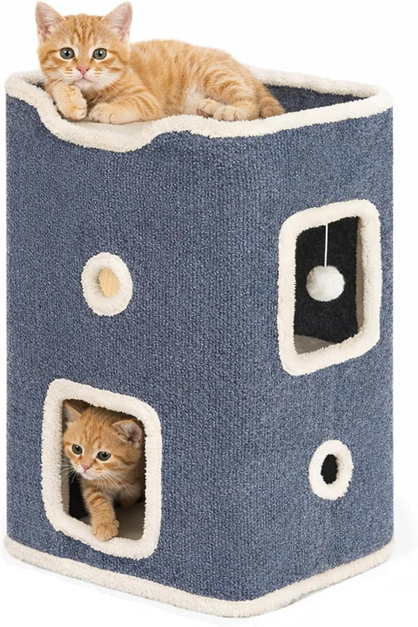 Cat House, Cat Beds for Indoor Cats, 3-Story Cat Condo Cube with Scratch Pad and Fluffy Ball Hanging, Multi-Level Cozy Hideout Center Ideal for Small/Medium Cats9