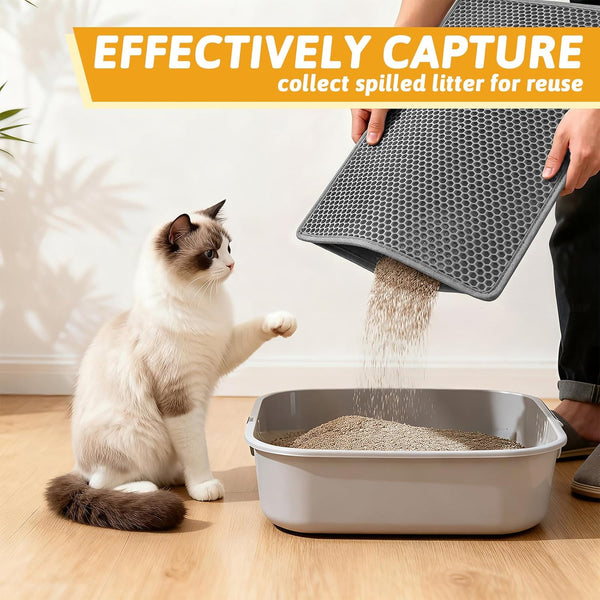 Pieviev Cat Litter Mat Double Layer Waterproof Urine Proof Trapping Mat 1 Pack (Gray, 24X15 Inch (Pack of 1)) | Honeycomb Design Catches Scattered Particles to Stop Tracking, Urineproof Base Protects Floors, Easy to Clean3