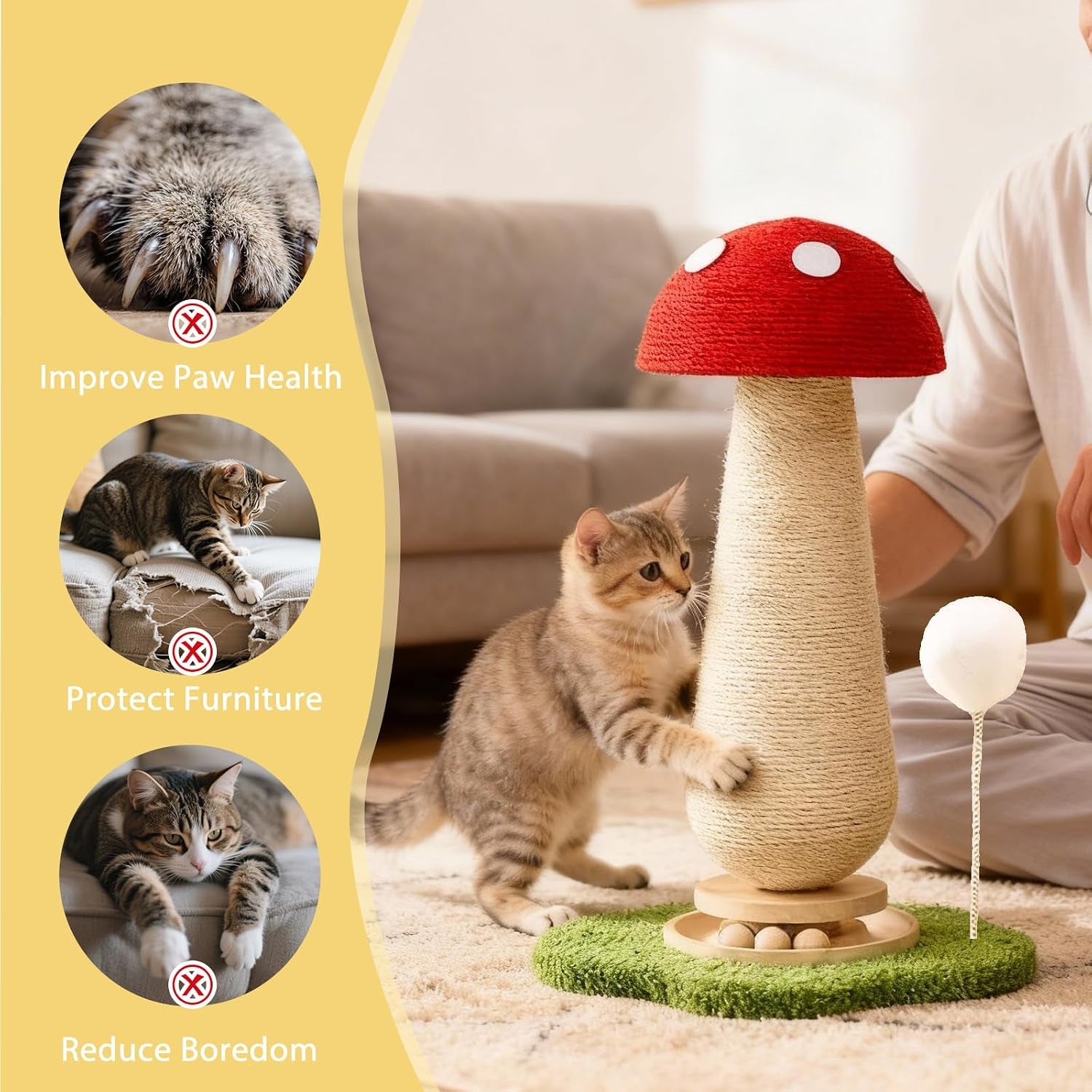 mushroom-cat-scratcher-tower-interactive-ball-track-spring-ball-cat-scratching-post-sisal-kitty-activity-center-for-indoor-cats-kittens-sturdy-wide-base-25-2-inch-red