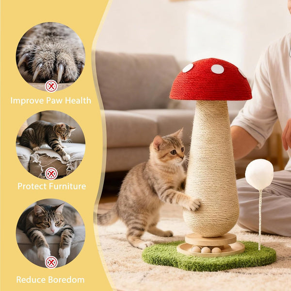 Mushroom Cat Scratcher Tower, Interactive Ball Track Spring Ball Cat Scratching Post, Sisal Kitty Activity Center for Indoor Cats & Kittens, Sturdy Wide Base 25.2 Inch - Red2